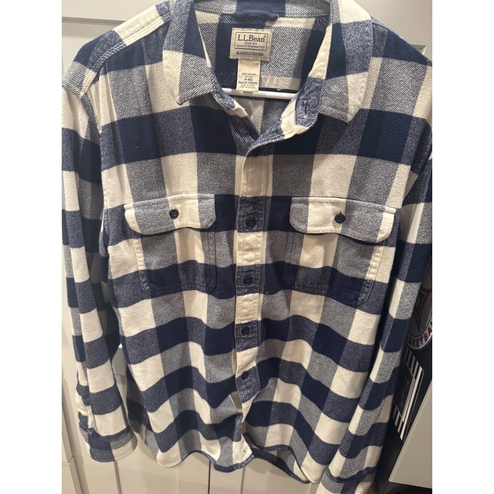 LL Bean Mens Flannel Shirt Medium Navy‎ Blue Cream Buffalo Check Organic Cotton